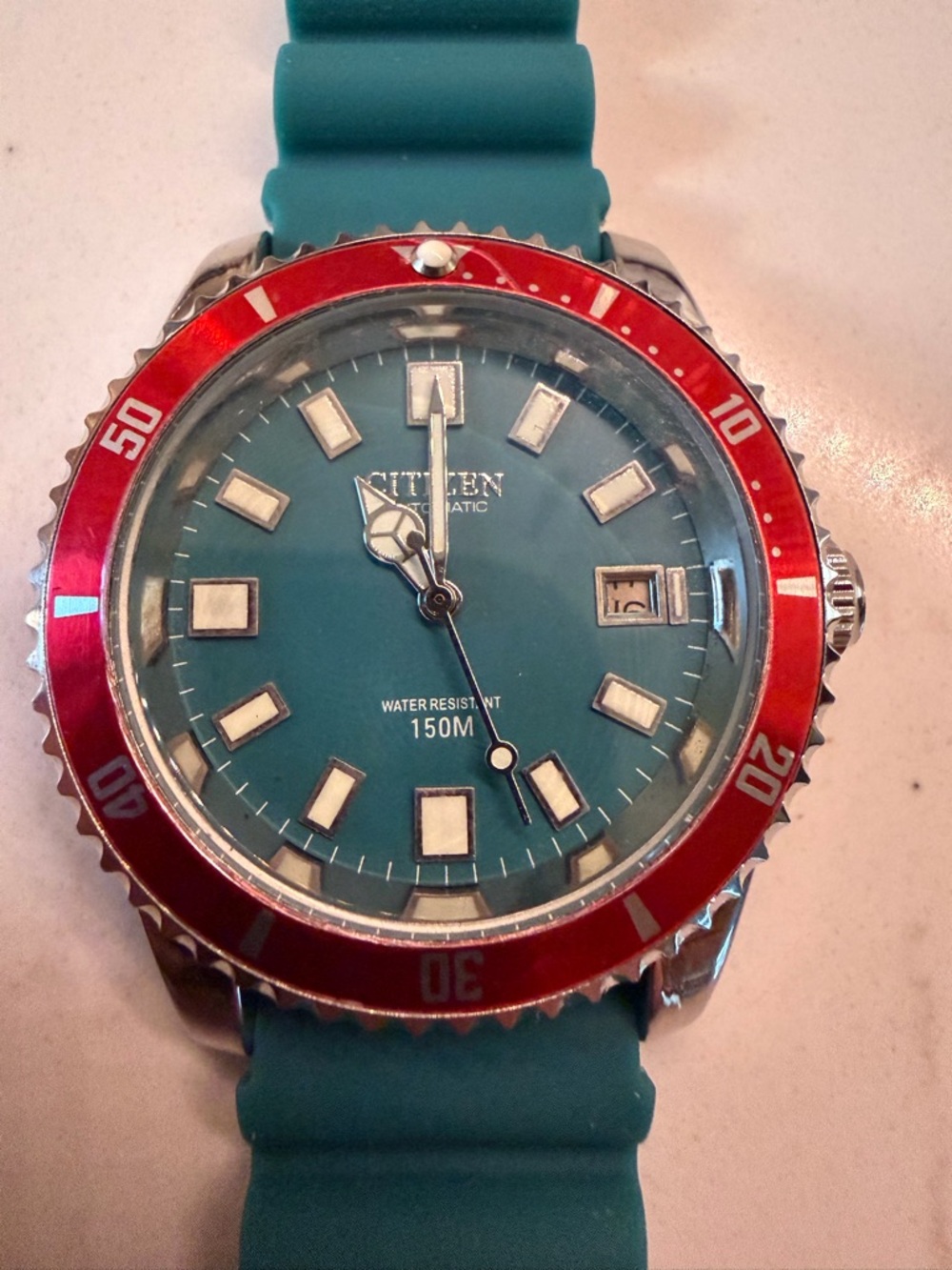 Vintage Automatic Citizen Men’s Teal Dial Dive Watch with Red Bezel 40mm